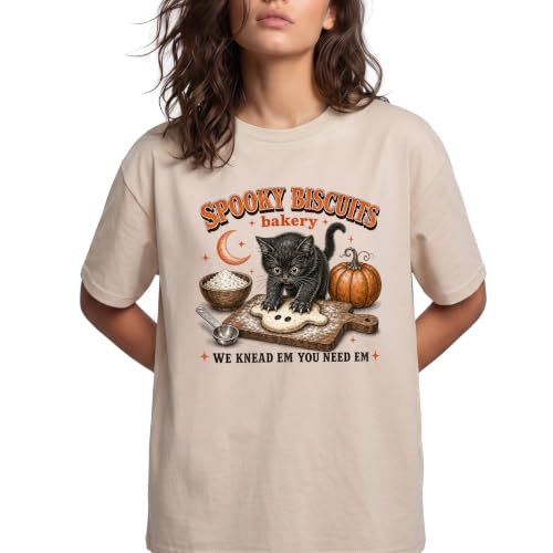 Spooky Biscuits Bakery Cat Halloween Unisex Tee, Sand, 2X-Large