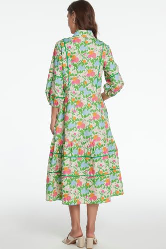 Image of D-Sun Women Floral Maxi Dress Elegant Printed Button Down 3 /4 Puff Sleeve Tiered A-Line Flowy Party Long Dress with Pocket