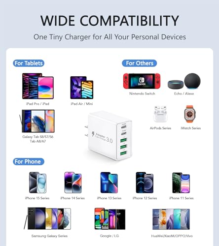 Image of 50W USB C Wall Charger, 5-Port Fast Charging Block, USB C Wall Plug Type C Power Adapter Multiport Brick Portable USB C Block for iPhone 15 /14 /13 /12 Pro Max for Switch /Air, iPad, Galaxy, Tablet.