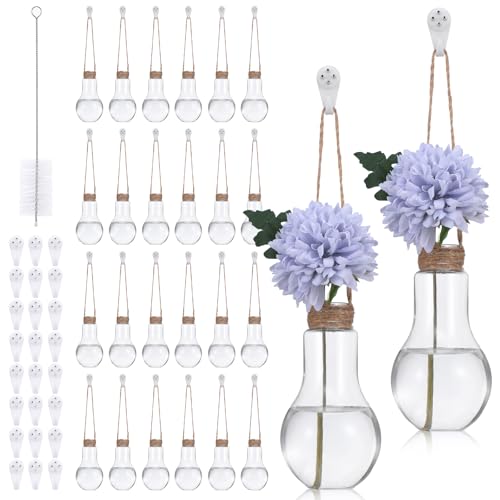 24 Pack 4.29'' Plastic Plant Propagation Stations Hanging Propagation Vases for Plants with 24 Hooks and 1 Cleaning Brush Clear Jars for Women Office Home Garden