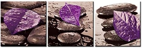 Lily Art Canva Print Artwork Zen Stone And Purple Leaves Beautiful Painting For Home Wall Decor And A Gift 16x16inch 3 Panels(Wood Framed)