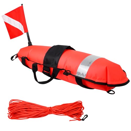 Luwint Inflatable Dive Float Torpedo Diving Buoy Training Signal Marker for Scuba Freediving Snorkeling Spearfishing Includes Flag and Rope