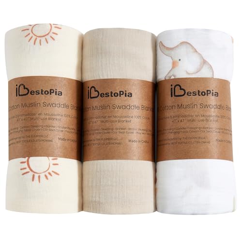 Image of IBESTOPIA 3-Pack 100% Cotton Muslin Swaddle Blankets, Large 47 x 47 Inches — Breathable Soft Receiving Blankets for Newborns, Swaddling Wraps, Registry Gift (Sunny Elephant Theme)