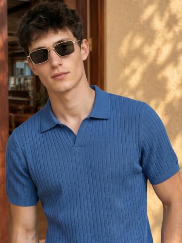 Image of Veirdo Men's Casual Ribbed Polo Collar Knit T-Shirt | Regular Fit Half Sleeve Polo for Men | Flat Knit Textured T-Shirt Perfect for Office, Party, Travel