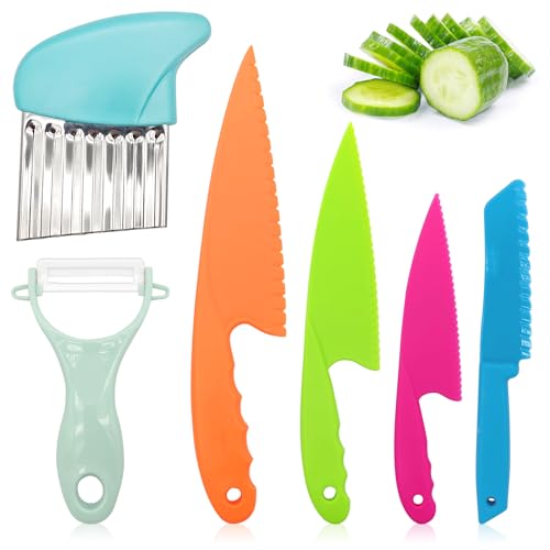 Obidodi Kids Knife Set, 6pcs Mini Chef Knife Set for Kids, Toddler Kitchen Knives for Chopping, Child Safety Knife in 4 Sizes and Plastic Paring Knife for Vegetables Fruits
