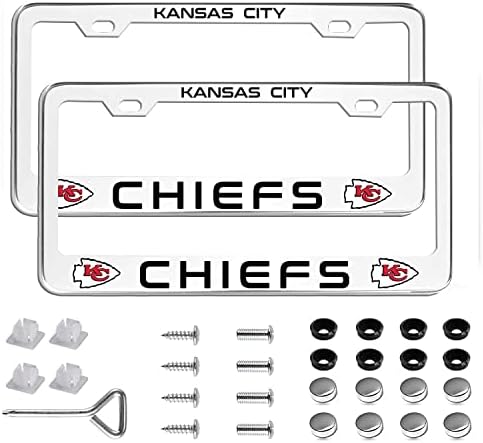 License Plate Frame，2 PCS Metal License Plate Frame Rear & Front Tag Holder for US Car SUV & Truck，License Plate Cover Gift for Sports Fans. (Silver Chiefs)