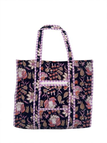 Image of Quilted Cotton Hand printed Reversible Large multicolor cotton Tote Bag,Indian Handmade Block Printed Tote Bag Women Handbag