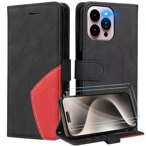 Cover per Oppo A5/Oppo A3S Libro in Pelle PU, [con 2 Pezzi Pellicola Vetro Temperato] Custodia Portafoglio Antiurto [Blocco RFID] [Funzione di Supporto] [Slot Schede], Nero