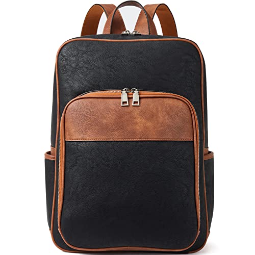 Telena Leather Laptop Backpack for Women Business Casual College Bags Black-Brown