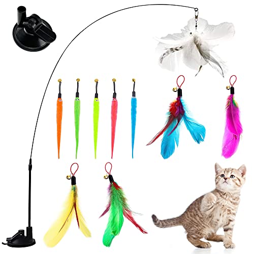 10 Stück Katzen Spielzeug Katzen Glocken Zauberstab katzenangel Saugnapf Fest Handheld Stahldraht mit Glocken Einziehbare Wand für die Ausbildung und Übung Cover