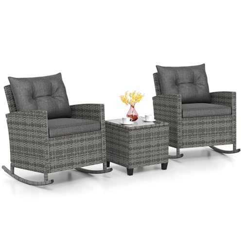 KOTEK 3 Piece Patio Furniture Rocking Bistro Set, Wicker Outdoor Rocking Chairs & Glass Table, PE Rattan Conversation Set for Porch, Balcony, Deck, Poolside (Mix Grey- Grey)