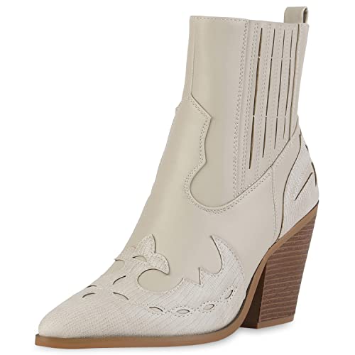 VAN HILL Damen Cowboy Boots Stiefeletten Prints Schuhe Holzoptikabsatz...