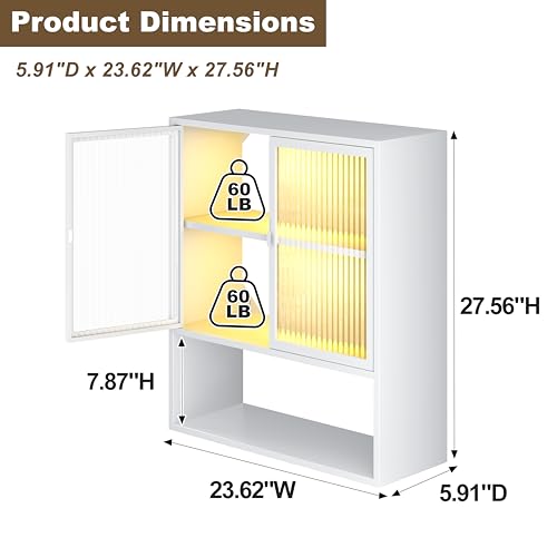 Image of Wall Mounted Bathroom Cabinet with Glass Doors, Metal Over Toilet Storage Cabinets with Open Shelves, Medicine Cabinets for Bathroom, Living Room, Bedroom, White