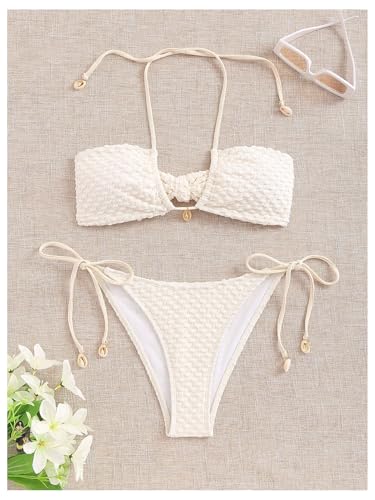 WDIRARA Women's 2 Piece Halter Textured Bikini Set Tie Back Bathing Suit High Cut Swimsuit Tie Back Swimwear3