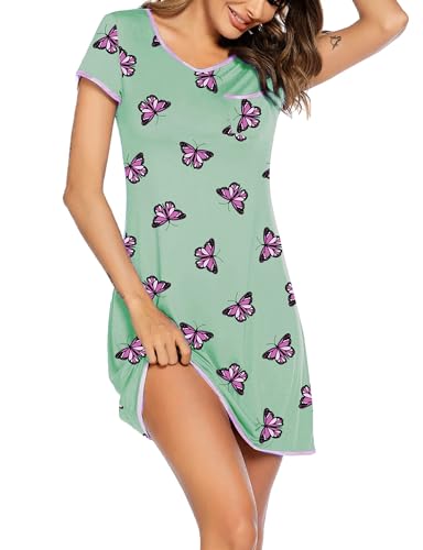 Image of Ekouaer Womens Nightgown Sleep Shirt Dress Satin Patchwork Short Sleeve Sleepwear with Pocket