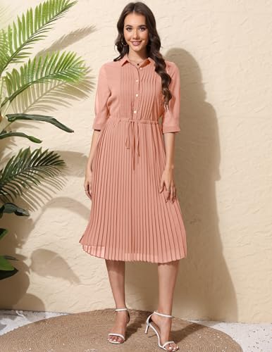 Image of Women V Neck 3 /4 Sleeve Pleated A-Line Dress with Belt Swing Midi Dresses for Spring Summer Autumn