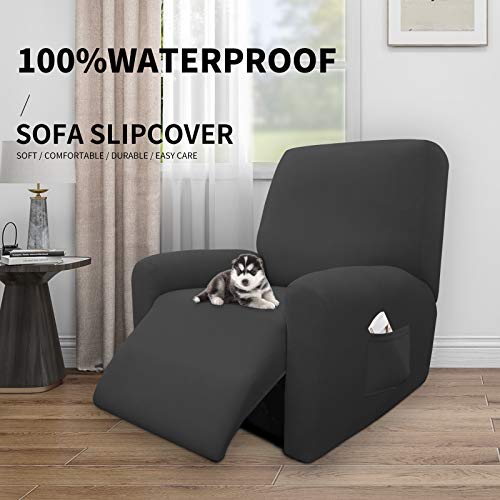 Image of Easy-Going 4 Pieces Waterproof Recliner Chair Slipcover Washable | Stretch Soft Couch Cover for Dogs, Sofa Slipcover for Recliner Couch Furniture Protector for Kids, Pets Dark Gray