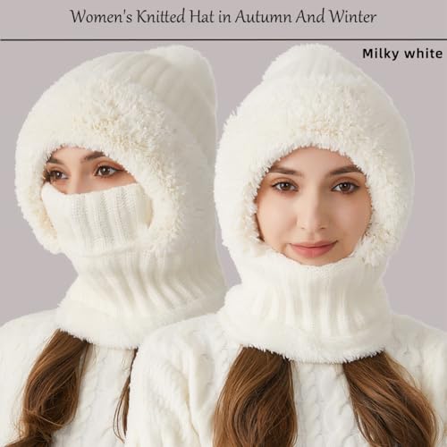 Womens Knitted Hat in Autumn and Winter, 3 in 1 Cold Wind Warm Resistant Hooded Scarf Face Mask for Women's3