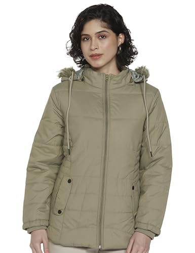 Image of Qube By Fort Collins Women's Medium-Length Bomber Jacket with Detachable Hood Stylish Winterwear for All-Day Comfort |Material: Nylon