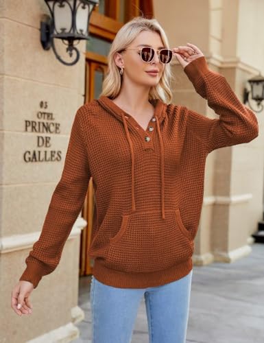 Image of CiCiBird Women's Fall Hoodies Sweater V Neck Waffle Knit Top with Pocket | Loose Fit, V Neck Button, Adjustable Drawstring, Long Sleeve, Kangaroo Pocket, Weekend Errands, Daily Wear, Work Casual