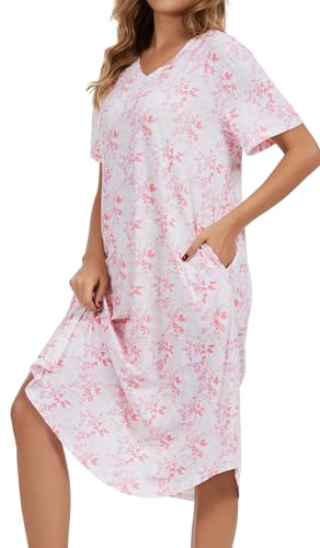 Image of Kabento Nightgowns for Women Cotton Short Sleeve Long Night Gowns with Pockets
