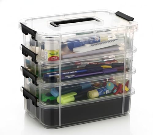 Image of plastic boxes for Storage transparent boxes for storage, Portable & Stackable Space Saving Organiser with Lid for Medicine, Jewelry, Arts & Crafts, Buttons, Beads (Black, 4 TIER WITH 1 TRAY)