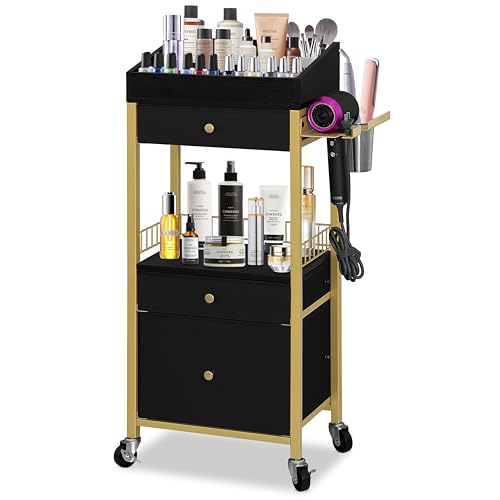 NauwaBarn Makeup Organizer Cart with 3 Drawers, Large Cosmetic Organizer with Detachable Hair Tool Holder, Makeup Cabinet Cosmetic Display Cases for Skin Care Perfume Nail Polish, White & Natural