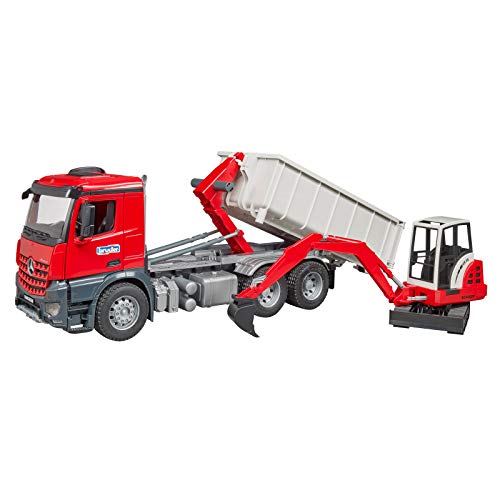 bruder Mercedes Benz Arocs Truck with Roll-Off Container and Schaeff HR16 Mini Excavator