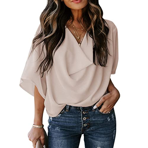 GDOV Damen Chiffon Seide Sommer Fledermausärmel Kurzarm V-Ausschnitt Gerafft Coole Leichte Bequem Büroarbeit Hemden Bluse Frauen Lässig Elegant Basic Große Größe Lose Einfarbig T-Shirt Crop Tops Cover