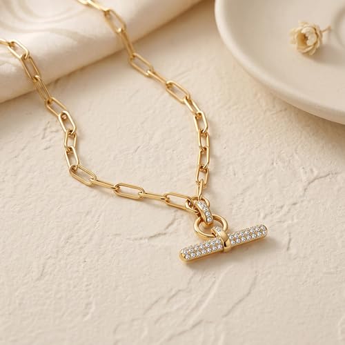 Image of Jeulia 14K Gold Plated Necklaces for Women, Dainty Paperclip Chain Choker T-Bar Layered Stackable Gold Necklace Jewelry Gifts