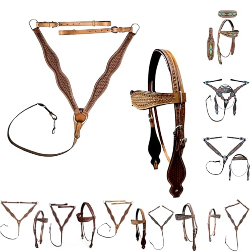 Majestic Ally Tooled Leather Western Headstall & Breast Collar Set – Handcrafted Leather, Classic Western Tack, Multiple Styles & Designs (1007-NAT, Full)