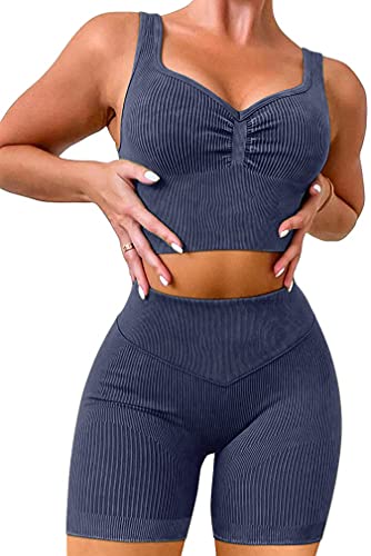 OLCHEE Damen Workout-Set 2-teilig, nahtlos, gerippt, säurewaschbar, Yoga-Outfits, Shorts und Sport-BH, passendes Fitnessstudio-Bekleidungs-Set, blau, Medium Cover