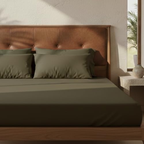 Image of 100% Cotton Queen Size Fitted Bedsheet Set (80x60 inches) with 2 Pillow Covers (18x27 inches) - Percale Weave, Soft & Breathable | (Moss Olive)