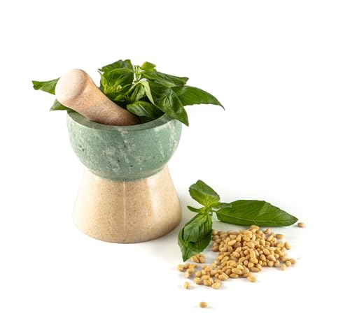 Mortaio con Pestello, Doppia Cava, in Marmo Rosa e Verde. Lavorato a mano, Collezione Giano, 12 cm x13 H cm, Foodesign