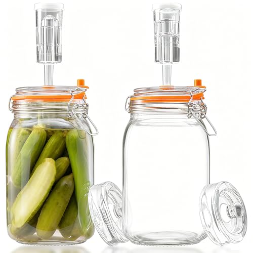 Aarcyye Juego de 2 tarros de fermentación de 1,5 l con ventilador de fermentación y peso, vasos de fermentación con esclusas de aire, para hacer chucrut, kimchi, pepinillos y kombucha
