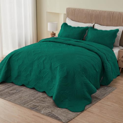 Image of Kingnex Oversized King Bedspreads 128x120 for Extra Wide Tall King or Cal King Bed Ultrasonic Quilted Coverlet Set 3 Piece Include 1 Quilt 2 Pillowcases Rain Forest Green
