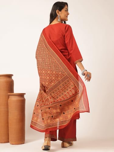 Image of Vbuyz Women Ajrakh With Yoke design Cotton Straight Kurta Set With Dupatta