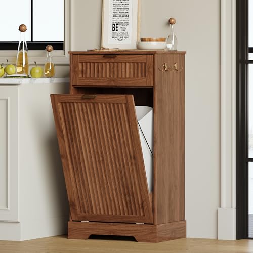 13 Gallons Tilt Out Trash Can Cabinet, Wooden Fluted Trash Cabinet , Walnut
