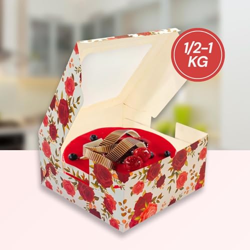 Image of PAPYRUS Window Box For Cake Box 1 /2-1 kg | (8 * 8 * 5 (Pack Of 10) | Printed Window Floral Boxes | Cake Box With Window | SBS Board Paper transparent