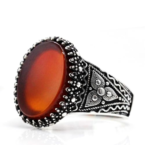 Real 925 sterling silver inlaid red natural agate gem ring, authentic retro Türkiye Ottoman style men's ring3