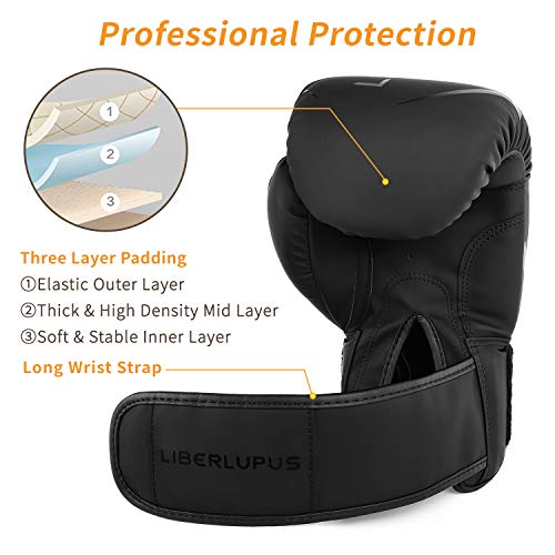 Liberlupus Cool Style Boxing Gloves for Men & Women, Boxing Training Gloves, Kickboxing Gloves, Sparring Gloves, Heavy Bag Gloves for Boxing, Kickboxing, Muay Thai, MMA (Black, 14 oz)