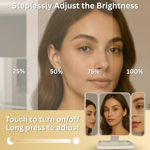 Image of Plastic Rectangular LED Makeup Mirror with Adjustable Trifold Angle and LED Lights | Vanity Mirror with 3 Adjustable Coloured LED Light with USB Power and Battery Power (White), Tabletop