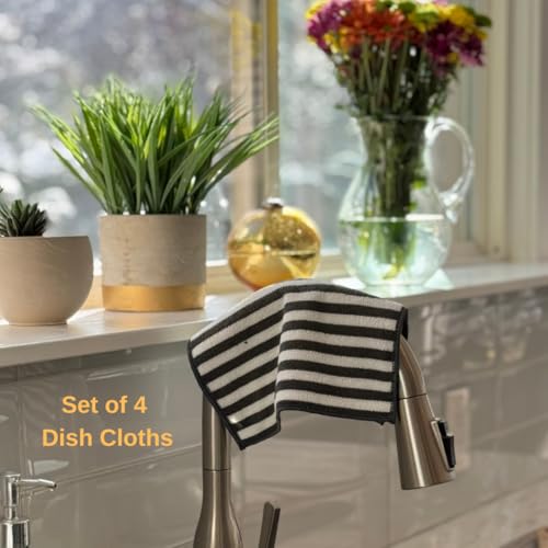 Severn Dish Cloths for Washing Dishes 4pk. Odor-Resistant Dish Rags with Non-Scratch Wire Scrubber Side for Kitchen Cleaning. Grime-Fighting Bamboo-Charcoal Microfiber 2-Sided Dishrags. Machine Wash