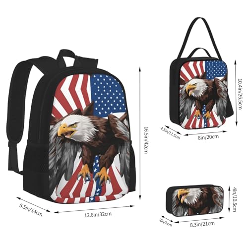 Eagle With Usa Flag 3-Piece Set Backpack, Lunch Bag, And Pencil Case, Casual Cute Sets For Travel And College4