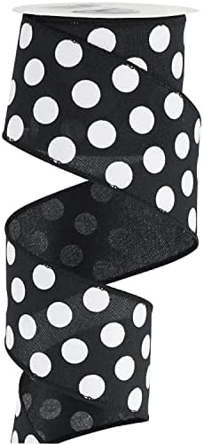 MEEDEE Black Ribbon with White Dots Black and White Polka Dot Ribbon 2.5 Inch Black Wired Ribbon for Black & White Welcome Front Door Burlap Wreath Pet Wreath Dog Wreath Ribbon Gift Basket, 10 Yards