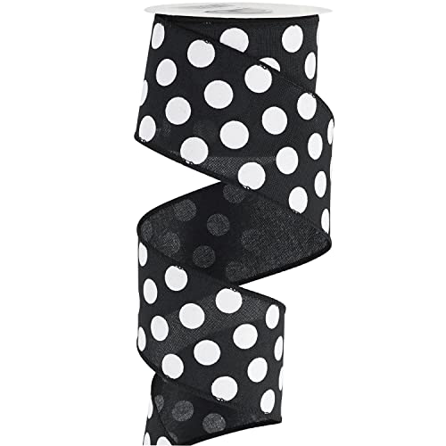 Meedee Black Ribbon With White Dots Black And White Polka Dot Ribbon 2.5 Inch Black Wired Ribbon For Black & White Welcome Front Door Burlap Wreath Pet Wreath Dog Wreath Ribbon Gift Basket, 10 Yards #TOP16