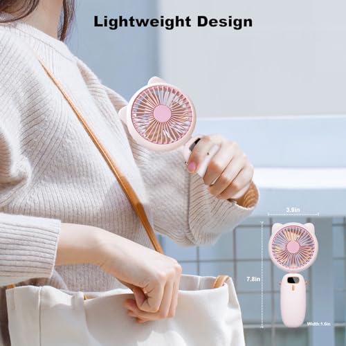 Handheld Fan Mini, Cute Hand Fan Portable, Powerful USB Rechargeable Fan with 4 Speeds and LED Display for Kids Women, Battery Small Electric Hand Held Fans Folding for Desktop/Office/Travel-Pink