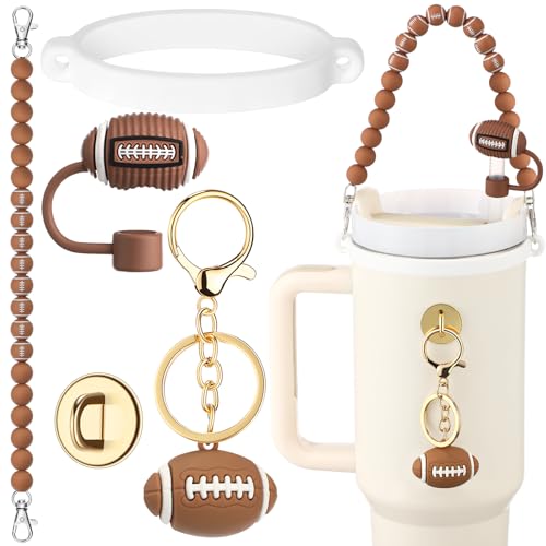 Skylety 5 Pcs Fathers Day Silicone Football Cup Accessory Set Including Silicone Beaded Bottle Strap 3D Keychain Straw Cover Rubber Ring for 8-40 oz Tumbler for Man