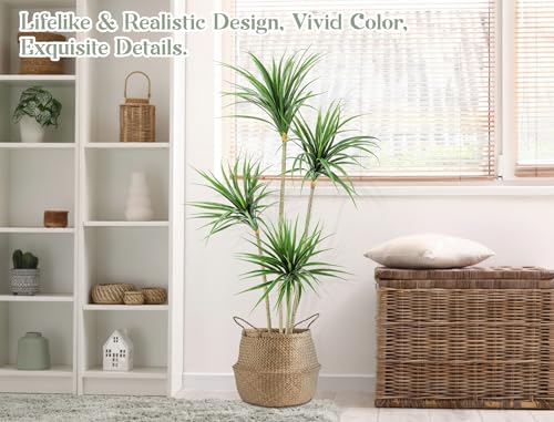 Image of Jexine 5 ft Artificial Dracaena Marginata, Tall Artificial Dracaena Plant Tree, Tropical Faux Fake Floor Plant with Pot Indoor Outdoor Decorative Tree for Home Office Decor Housewarming Gift