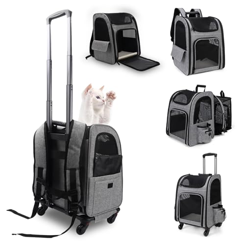 Trolley Stil Erweiterbar Katzenrucksack, Transportbox Katze mit Rädern 360° Drehbar Atmungsaktives Mesh Hunderucksack Katzenrucksack mit Trolley für kleine Hunde und Katzen bis 15 KG